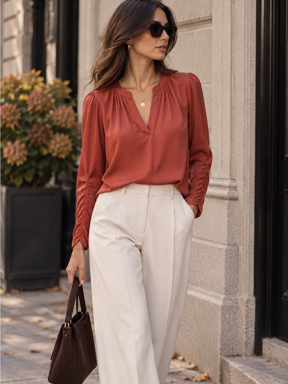 Philosophy Terracotta Satin Blouse Ruched Sleeve Split Neck Romantic Top M